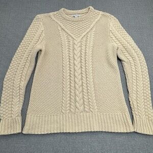 LL Bean Signature Women Cable Knit Fisherman Sweater Size Small Cotton Beige